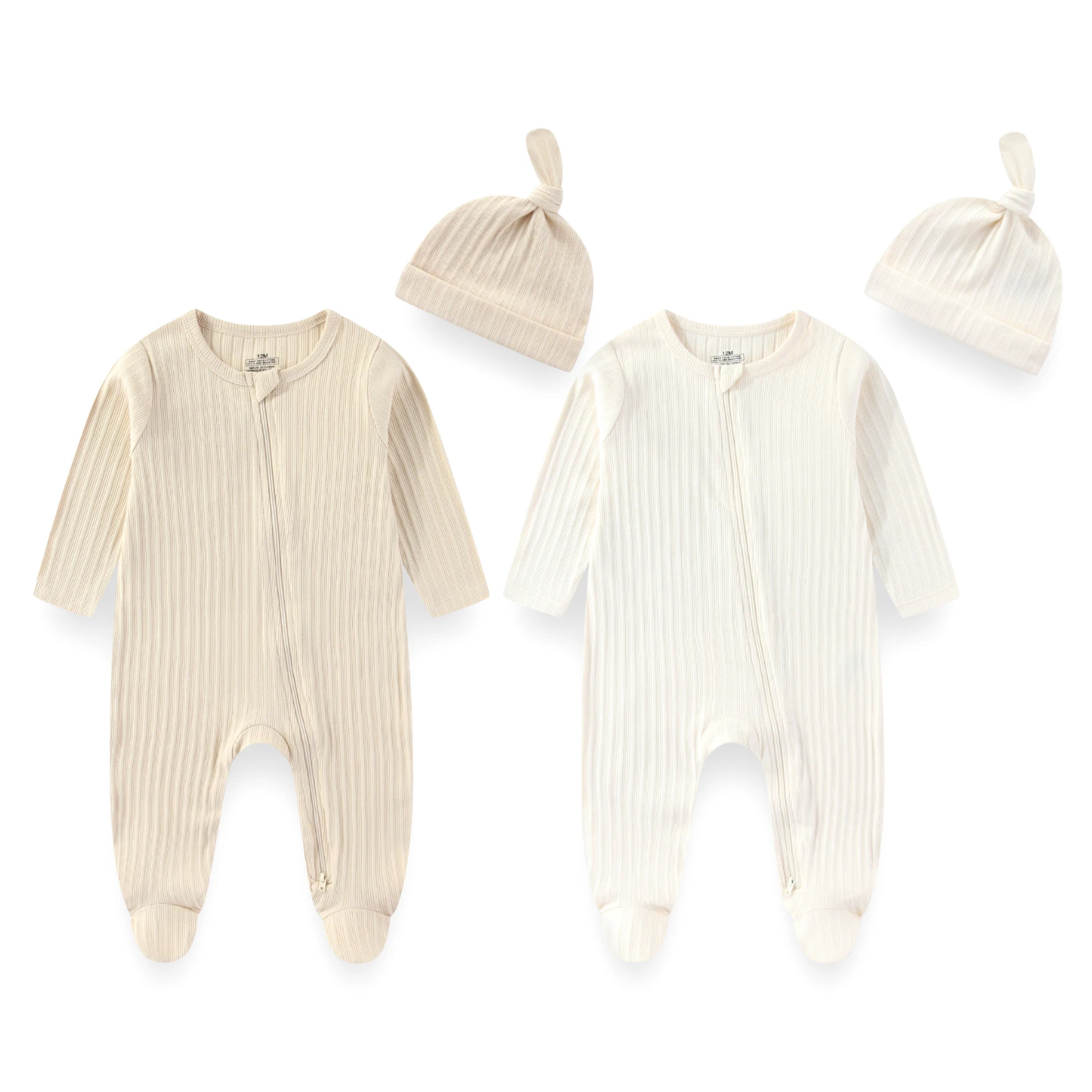 4피스 순면  단색 옷 세트 양면 지퍼 옷 남아 여아 공용 0-12개월 긴팔 롬퍼+모자 봄