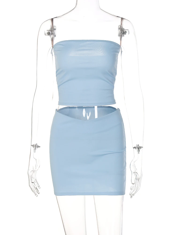 

2023 Solid Sleeveless Folds Tube Crop Top Skirts 2 Piece Matching Set Summer Fashion Streetwear Beach Clothing Drop Shipping