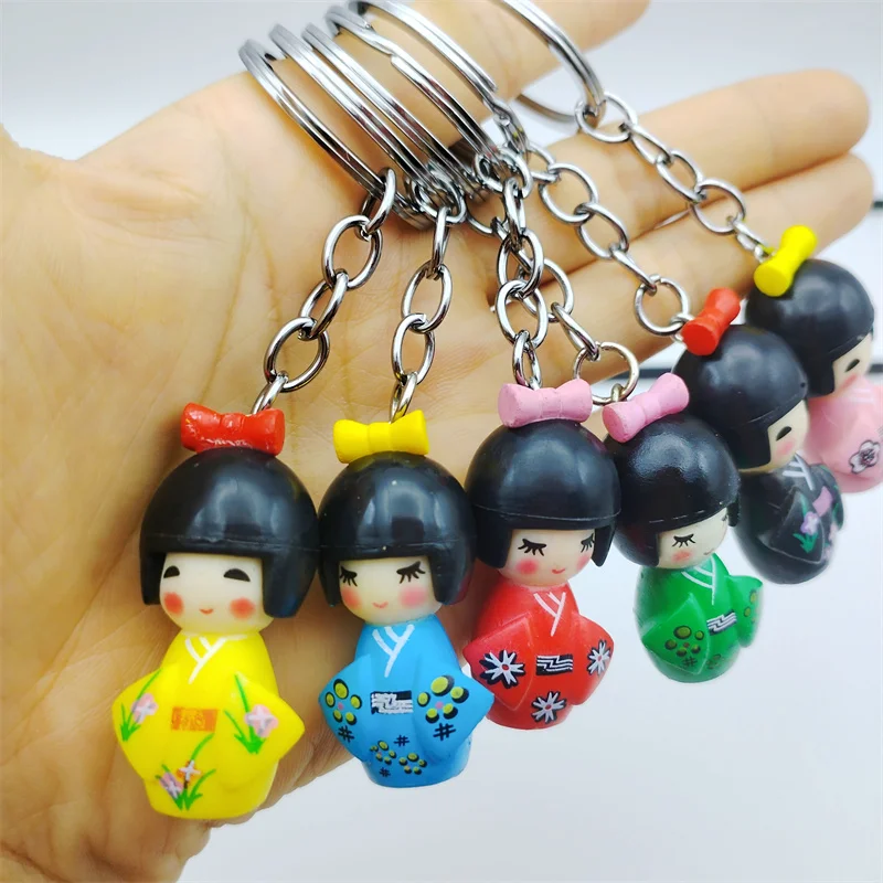 일본 KOKESHI 인형 열쇠 고리, 금속 열쇠 고리, 참 파티 선물, 24 개/로트