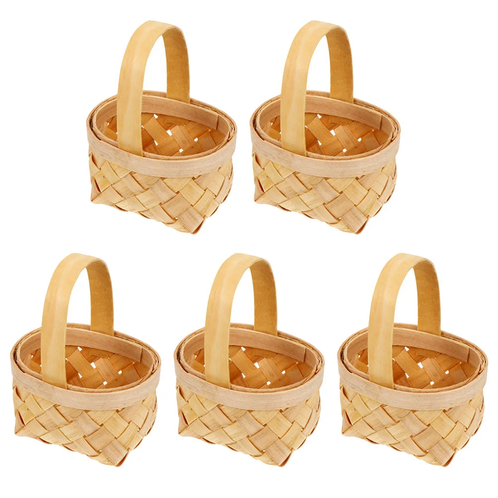 

5 Pcs Woven Basket Mini Handwoven Candy Small with Handle Hamper Box Party Favors Holder Gift Wood Miniature Bridesmaid Decor