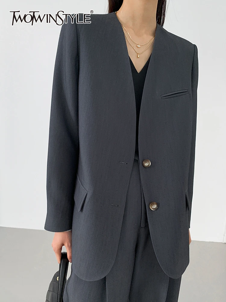 

TWOTWINSTYLE Solid Minimalist Blazers For Women V Neck Long Sleeve Patchwork Single Breasted Vintage Blazer Female Fashion Style