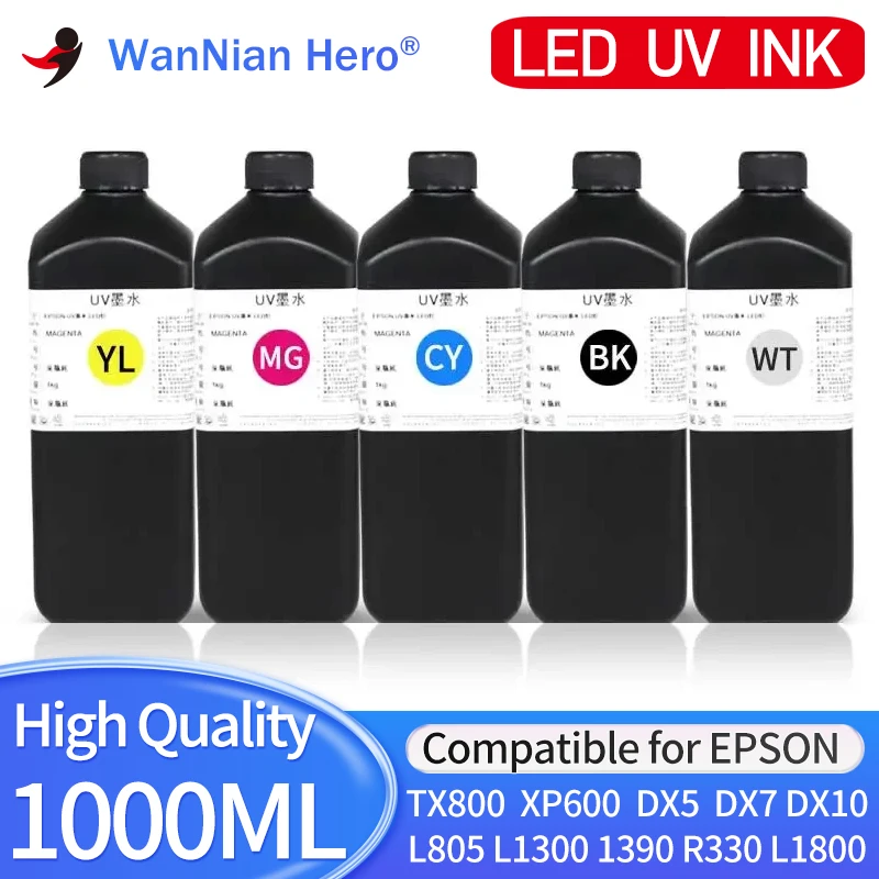 

1000ML LED UV Ink For TX800 XP600 L800 L1800 L805 DX4 DX5 DX6 DX7 DX10 Printhead For Epson 1390 R1800 R1900 UV Modified Printer
