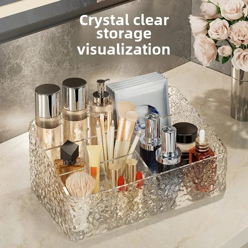 Light Luxury Water Corrugated Trapezoidal Clear Open Desktop Cosmetics Storage Box Multi-grid Makeup Organizer Box Accessories 2