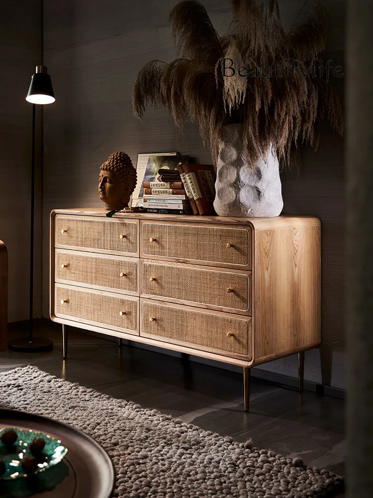 

Nordic Solid Wood Rattan Chest of Drawers Simple Modern Storage Cabinet