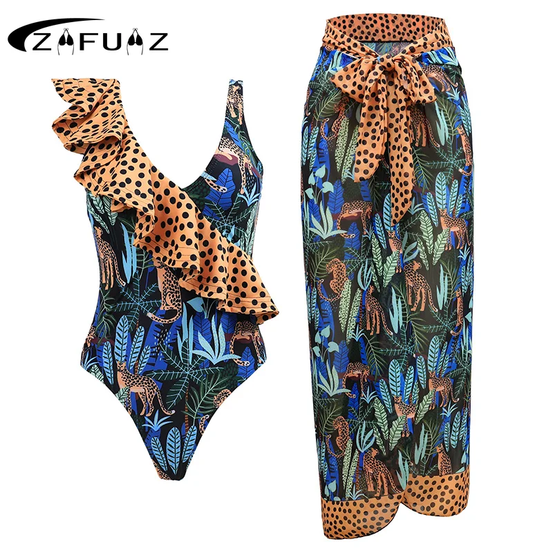 

ZAFUAZ Women One Piece Swimsuits 2024 Ruffle Swimwear Printed Beachwear Cover Up Bikini Set Bath Suit Skirt V-Neck Belt Monokini