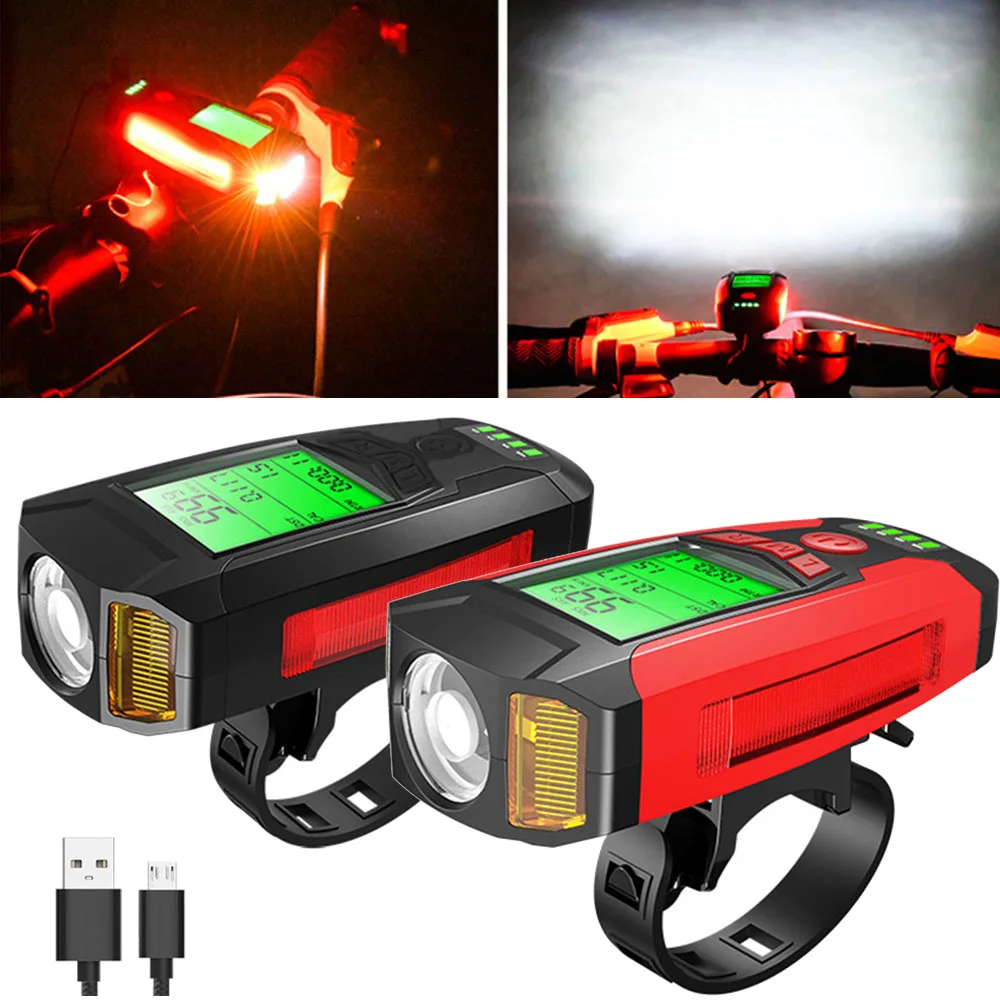 

5 In 1 Bike Light USB Charge Bicycle Light With Bicycle Computer LCD Speedometer Odometer 5 Modes Horn Cycling Lamp Waterproof