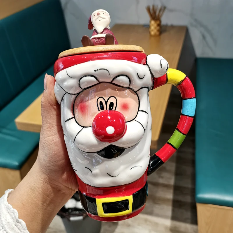 

Large Capacity Cartoon Handle Spoon With Lid Student Breakfast Milk Ceramic Cup Santa Claus Christmas Mug