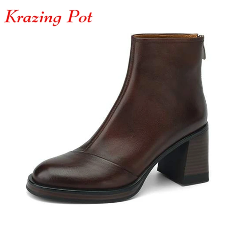 

Krazing Pot Cow Leather Round Toe Winter Platform Boots Thick High Heels Solid Handmade Zipper Modern Runway Retro Ankle Boots