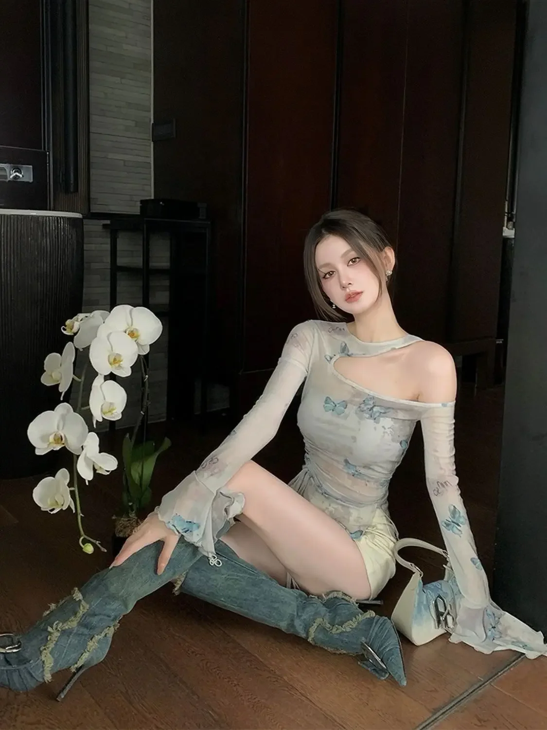 

Рубашка Yankee сетчатая с принтом, женская блузка Асимметричная сексуальная с острыми девушками и подвесным воротником, Солнцезащитная блузка, летняя Милая футболка