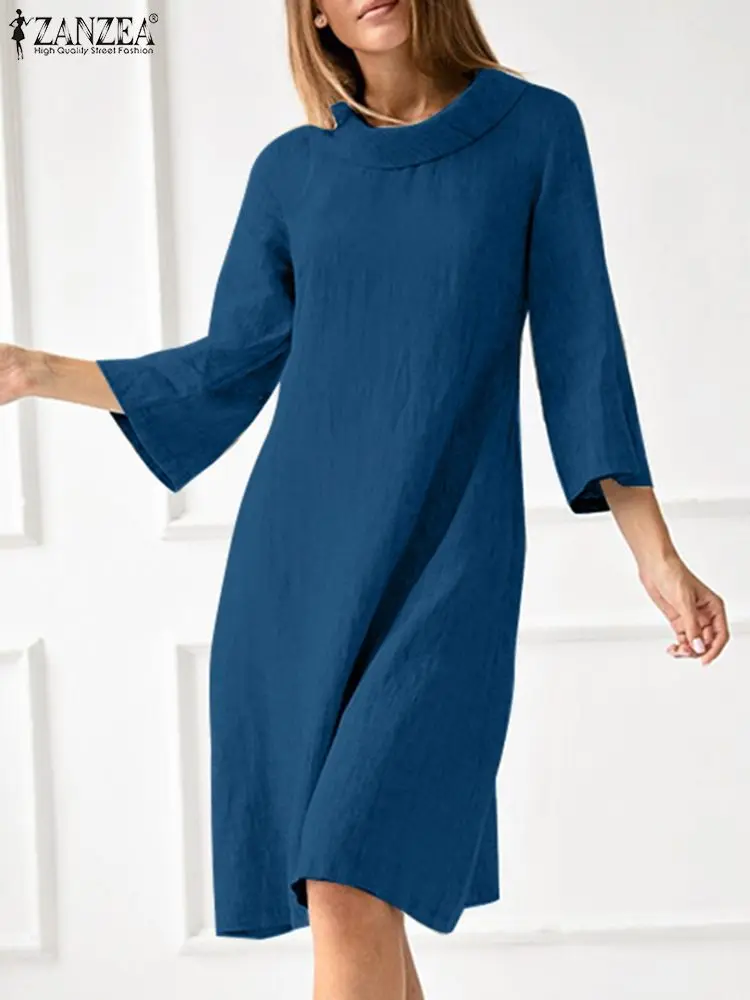 

ZANZEA Women Holiday Waisted A-line Dress Fashion Solid Knee-length Dress Turndown Collar Vetidos Vintage Pocket 3/4 Sleeve Robe