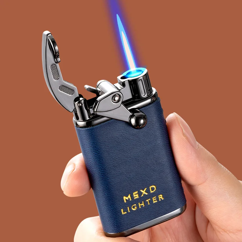 

New Metal Leather Straight Flame Windproof Lighter Rocker Ignition Blue Flame Cigar Cigarette Accessories Men's Gift