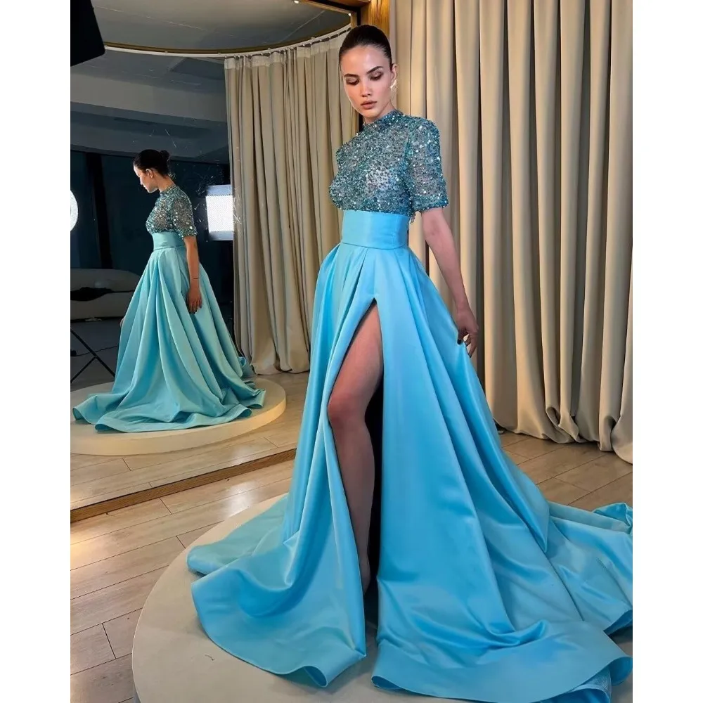 

Wakuta Satin Sequins Glitter Prom Dress with Slit High-Neck Ball Gown A Line Formal Evening Party Gown for Women robes de soirée