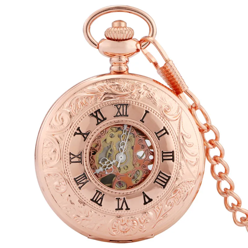 Classic Rose Gold Roman Number Cover Men Women Handwinding Mechanical Pocket Watch Skeleton Dial with Pendant Fob Chain Gift