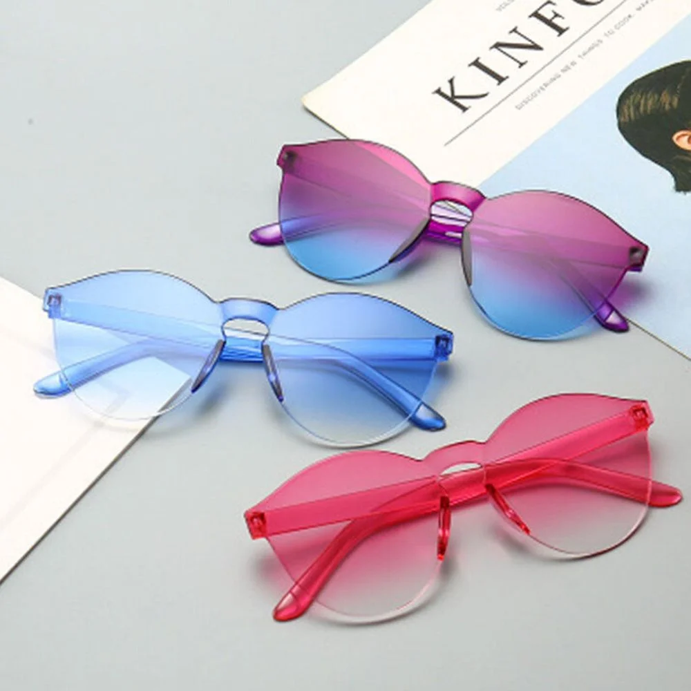 

Fashion Ladies Cat Ear Sunglasses Frameless Jelly Transparent Glasses Retro All-In-One Ocean Piece Candy Color Simple Eyewear