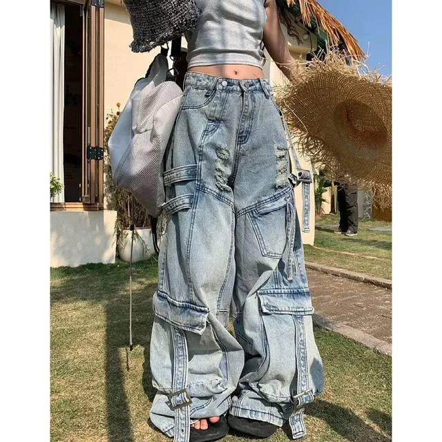 American Fashion Trends Joker Tooling Pocket Baggy Jeans Female Street Y2K New Hip Hop Oversized Wide-leg Pants Unisex Jeans 1