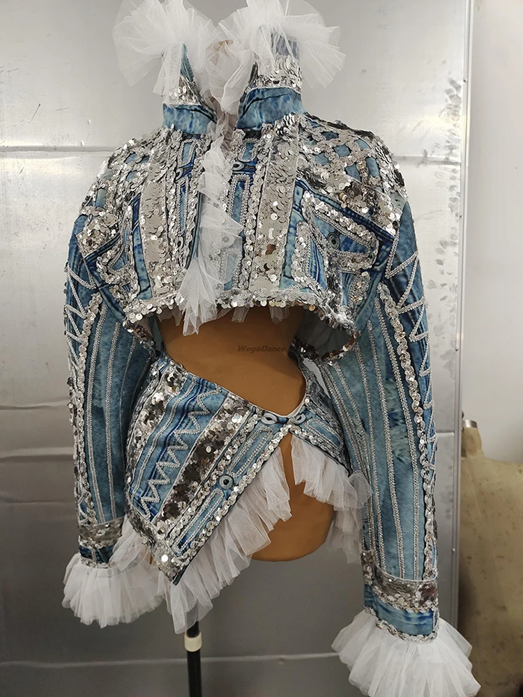 New Sexy Fashion Blue Jean Pattern Sexy 2 Pieces Set Sequins Costume Outfit Birthday Party Dance Nightclub Singer Performance