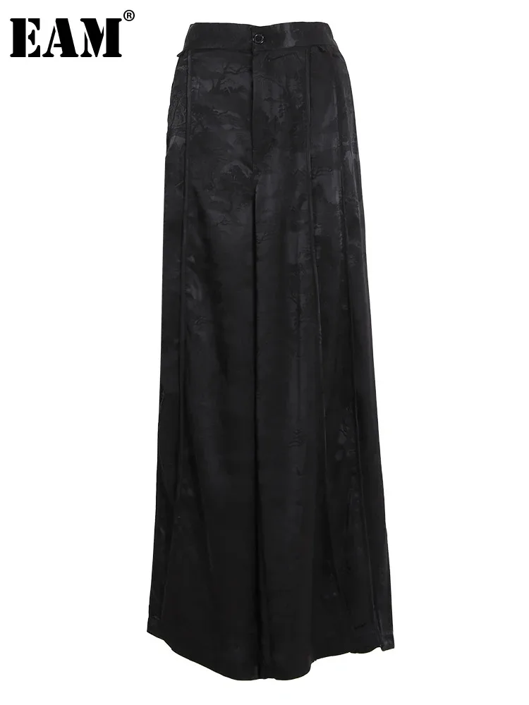 

[EAM] High Elastic Waist Black Jacquard Tassels Long Wide Leg Pants New Trousers Women Fashion Tide Spring Autumn 2024 CPG1139