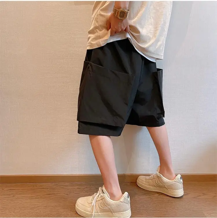 Men Trendy Casual Streetwear Hip Hop Big Pocket Design Cargo Short Pants Y2K 2024 Summer Youth Solid Oversize Baggy Beach Shorts