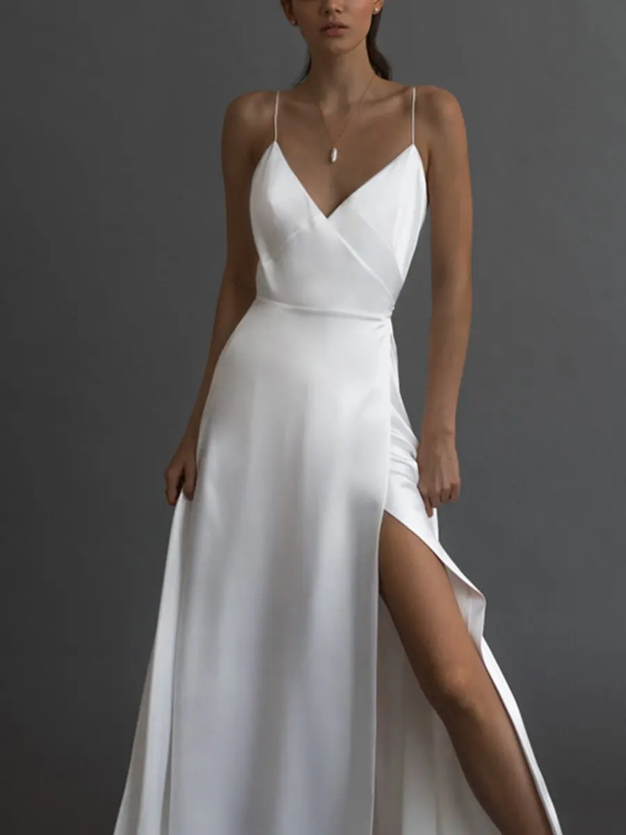 

New arrival sexy suspender sleeveless V-neck small dress thin shoulder strap long women's party dress White Vestidos
