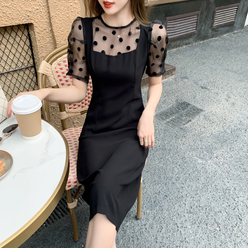 

Fashion Summer Retro Streetwear Midi Party Dress Ladies OL Casual O-Neck Short Sleeve Mesh Dot Patchwork Elegant Vacation Dress