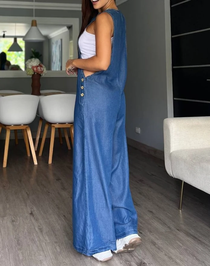 2024 Women's Denim Style Printed Wide Leg Button Up Camisole Jumpsuit