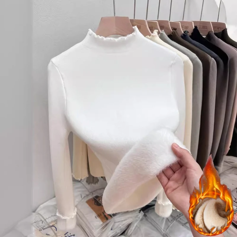 جديد صوف مبطن سميكة الياقة المدورة البلوزات النسائية الخريف الشتاء ضئيلة الدافئة Ruched محبوك القمم بلون عادية لينة البلوز 2