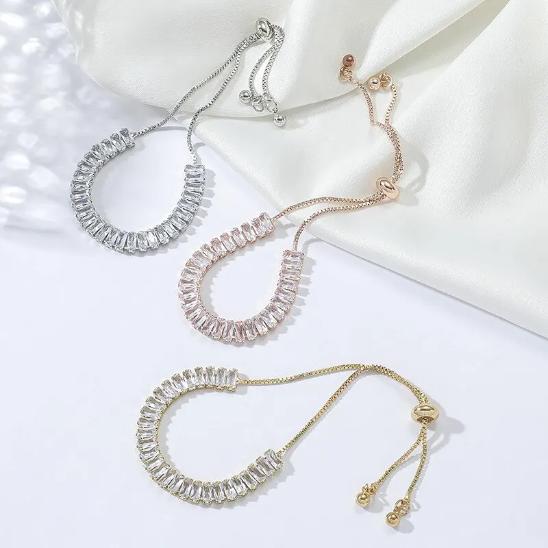 Sc8d4d34155fc4074956cfb739db2c9952 Adjustable Fashion Elegant Rectangle New Crystal Bracelet for Women White Gold Color Bangle Party Jewelry Mallzona