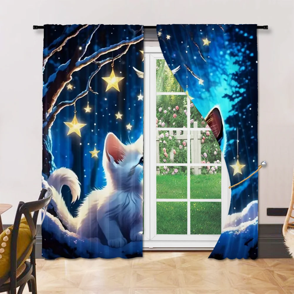 2Pcs Adorable Cat And Star Print Polyester Window Curtains Rod Pocket Design For Easy Hanging Home Decor Perfect For Bedroom 6