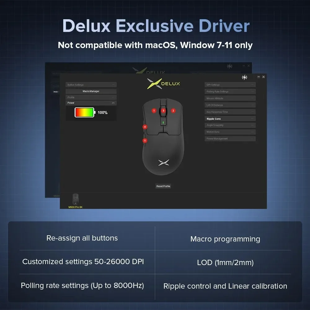 Delux M900Pro Navy Blue Ergonomic Wireless Gaming Mouse 8K PAW3395