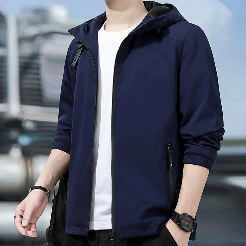 

Men Jacket Men's Windproof Hooded Jacket with Zip Up Drawstring Long Sleeve Mid Length Coat with Zipper Pockets Plus Size Loose