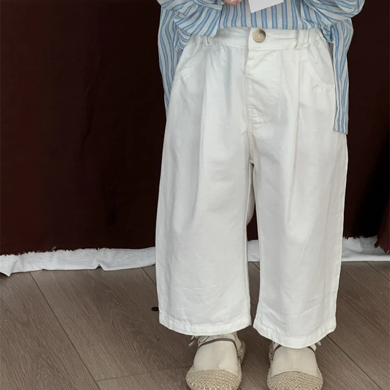 Pants Girl Boy Autumn Korean Cotton Washed Straight Simple Button Pleated Comfortable Cute Sweet