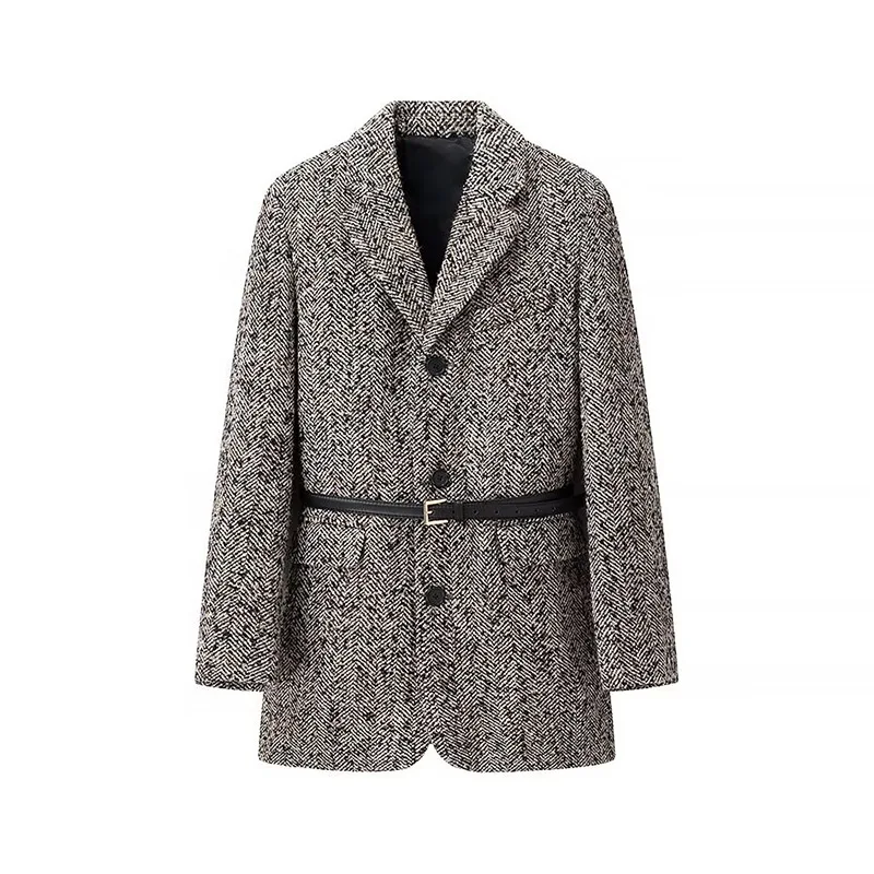 Winter With Belt Blazer Coat Women Loose Lapel Tweed Wool Blends Warm Jacket Fashion Temperament Commuting Lady Elegant Outwear