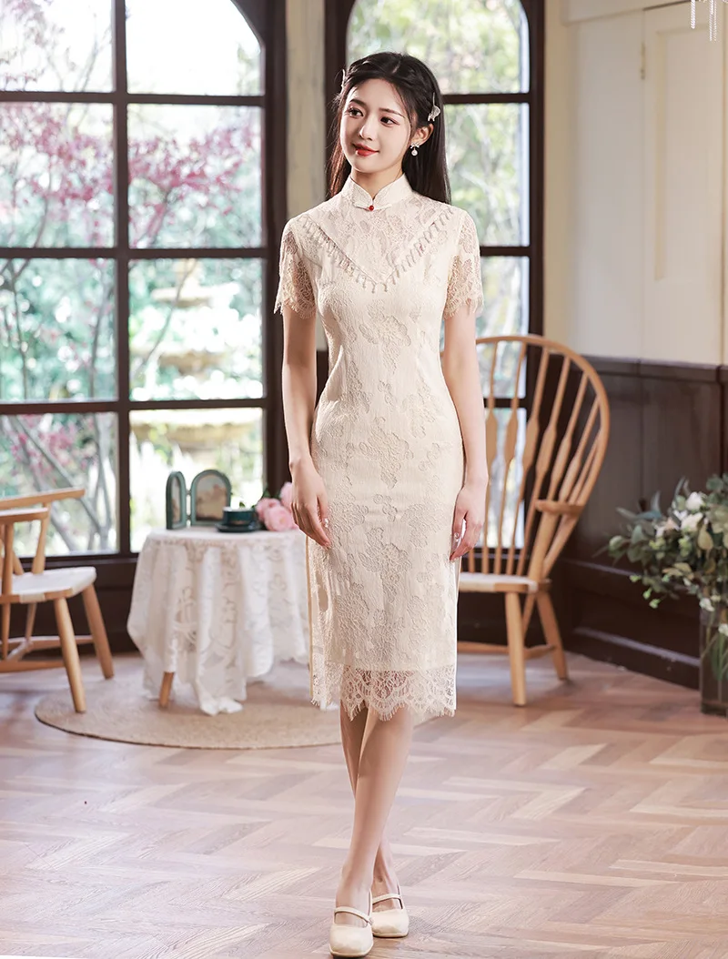 

Sexy Beaded Tassel Chiffon Knee-Length Qipao Fashion Chinese Short Sleeve Daily Lace Cheongsam Women Vintage Dress