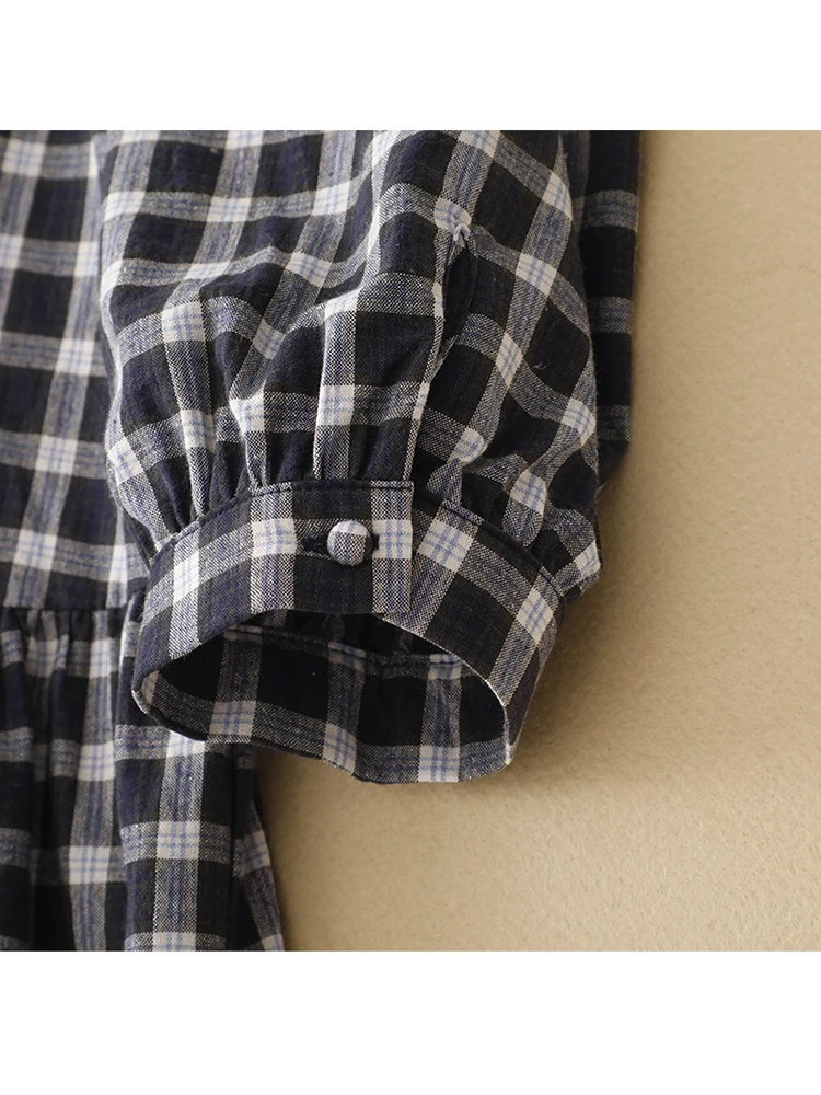 2025 Spring Autumn New Cotton Vintage Plaid Shirt Dresses For Women Long Sleeve Casual Loose Office Work Dress Elegant Clothing