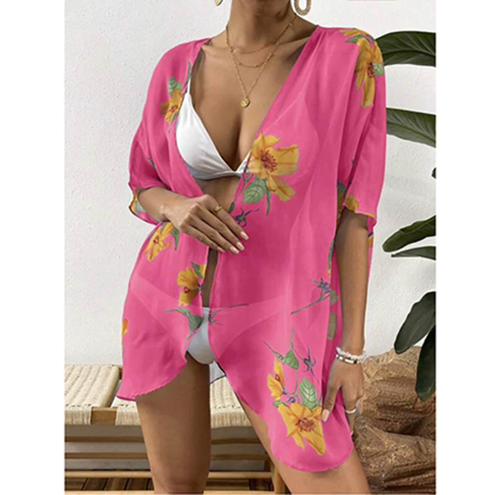 Women's Floral Kimono Beach Cover Up - Lightweight Chiffon Bikini Cardigan Plus Size