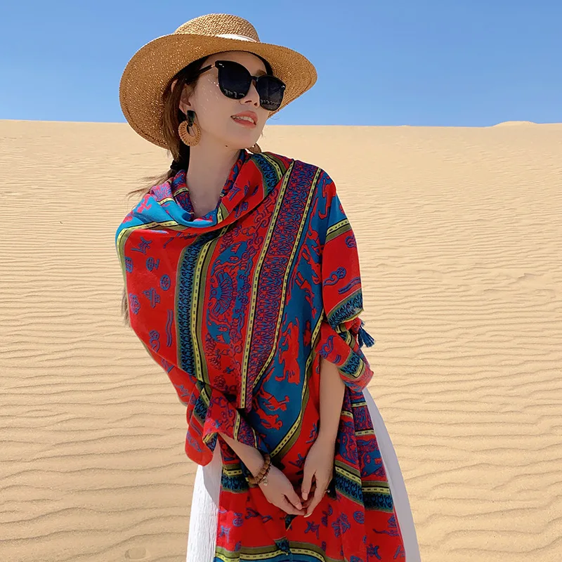 Urlaub Sonnencreme Ethnische Print Schal Für Frauen Lange Wraps Tücher OverSize Brasilianische Badeanzug Bade Abdeckung-ups Handtuch Strand tragen – Detail 7