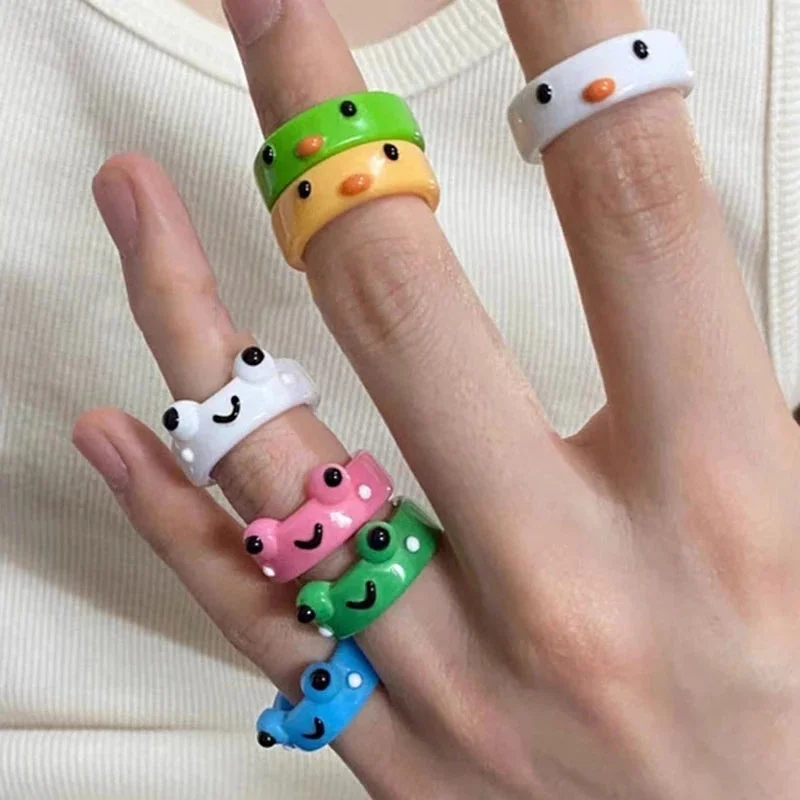 2Pcs Cute Frog Rings For Lover Polymer Clay Resin Acrylic Rings for Women Girls Couple Ring Summer Fashion Animal Jewelry Gifts