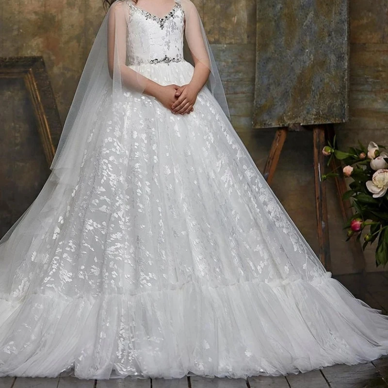 

Ivory White Tulle Lace Girls First Communion Dress With Cape V Neck Gown Sleeveless Beaded Waisted Ball Flower Girl Dress Party