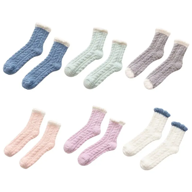 

Women Winter Coral Fuzzy Slipper Socks Braided Cable Knit Thicken Plush Candy Color Warm Sleeping Hosiery