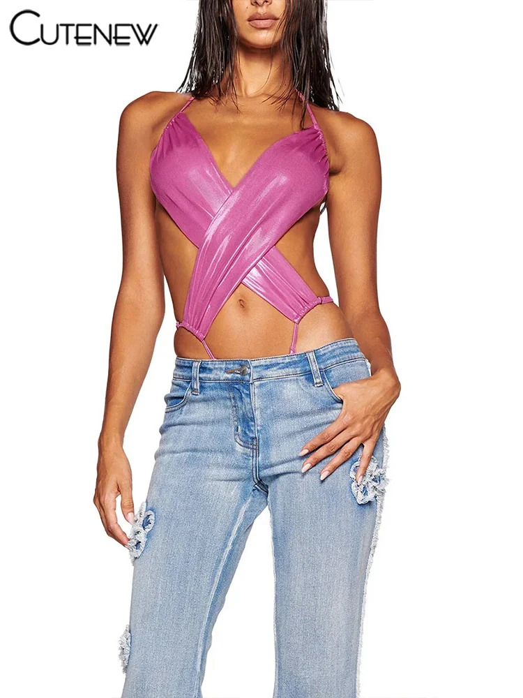 Body brillante para mujer, sexy, con vendaje cruzado, sin cintura ni espalda, ajustado, para mujer, atractivo, liso, para salir de noche o discoteca.