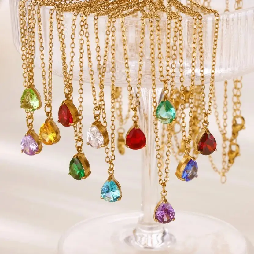 Stainless Steel Teardrop Birthstone Necklaces For Women