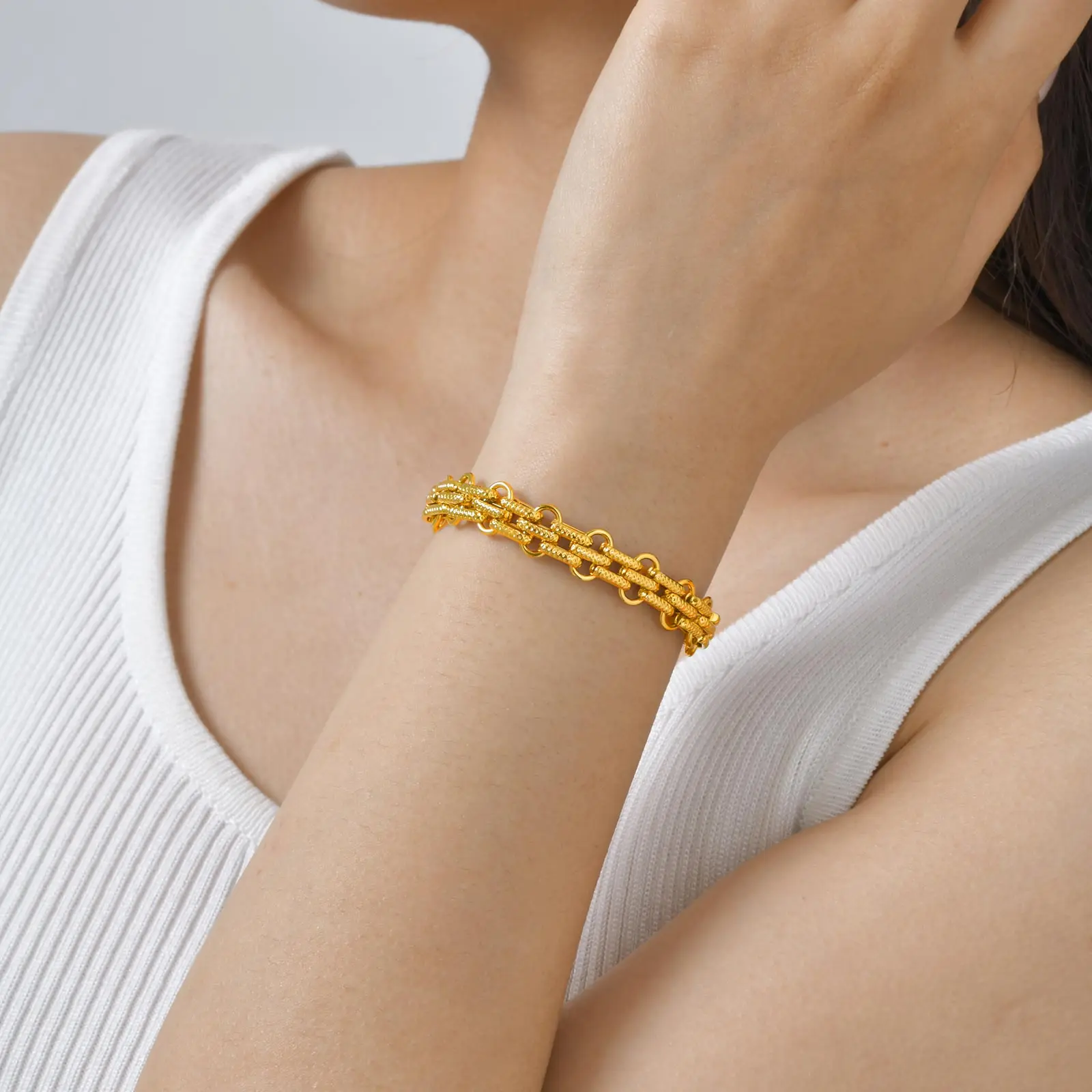 Edelstahl-Armband mit mehreren klobigen dicken Ketten für Frauen, vergoldet, Twist, unregelmäßige geometrische Armbänder, Schmuck, Geschenk – Detail 5