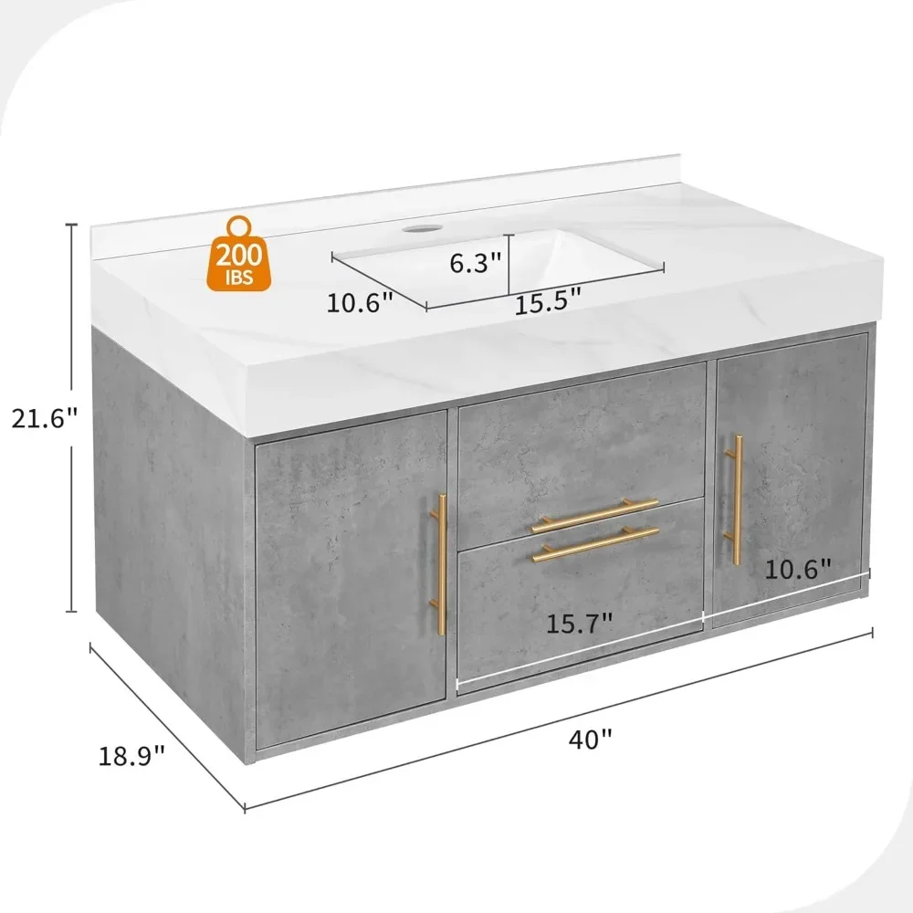 40-inch floating bathrobe, wall-mounted toilet with white sintered stone top, gray color
