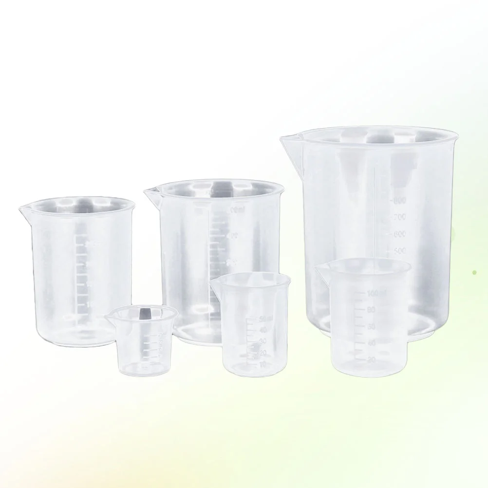 

5pcs Plastic Beaker Durable Graduated School Measuring Cup Chemistry Beaker (50mL+100mL+250mL+500ml+1000mL)