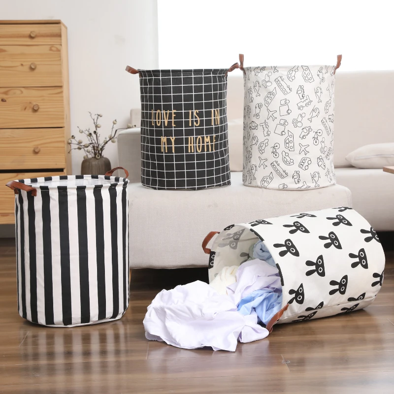 

Large Size Cotton Linen Laundry Basket Cloth Sundries Storage Bucket Foldable Waterproof Laundry Bag Home Toys Organizer