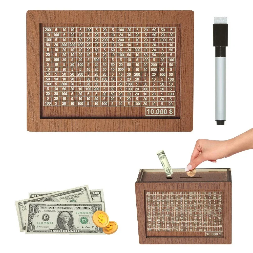 thumbnail image 1 of Alcancías de madera, cajas de dinero en dólares, cajas de dinero reutilizables ensambladas, decoraciones para el hogar, con objetivos y cifras de ahorro, 1 of 5