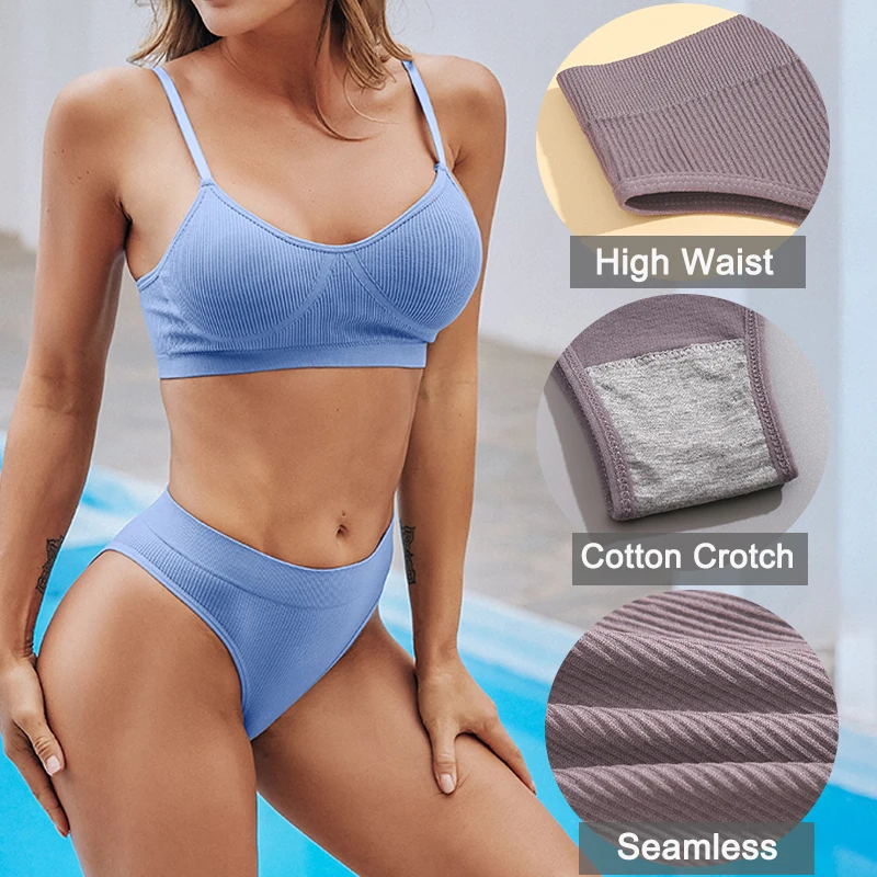Women Panties 2PCS/Set Seamless High Waist Briefs Brazilian Solid Color