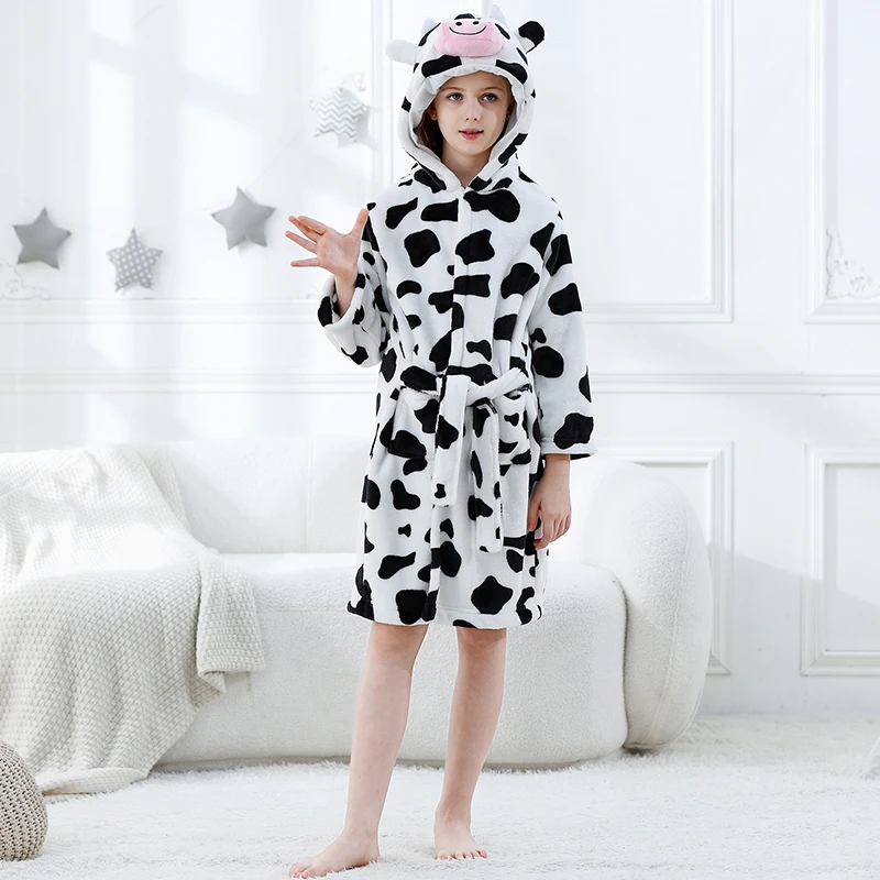 Winter Children's Flannel Bathrobes Girls Sleepwear Robe Baby Cow Robe Boys Pajamas Comfort Kids Cartoon Homewear 3-13 Years