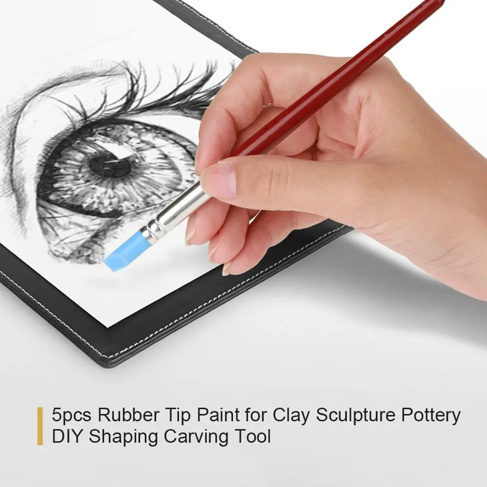 5Pcs Rubber Pen Tip Pen Eraser Multifunctional Wooden Handle Rubber Tip Brushes Multiple Pen Heads Clay Carving Pen 2