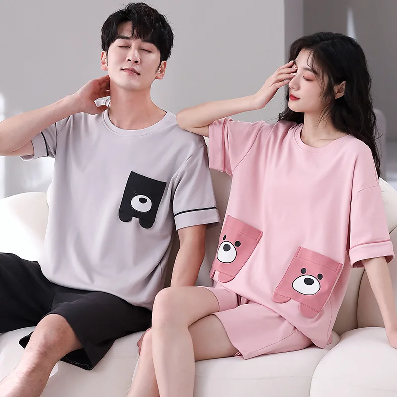 Summer 100% Cotton Couple Printed Men's Pyjamas Short Pajamas Set Casual Women Sleepwear Pyjamas Night Pijamas 3XL Homewear